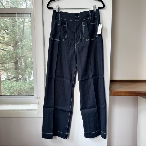 NWT Anthropologie The Colette Full-Length Wide-Leg Linen Pants Navy Stitch 28 - Picture 4 of 11